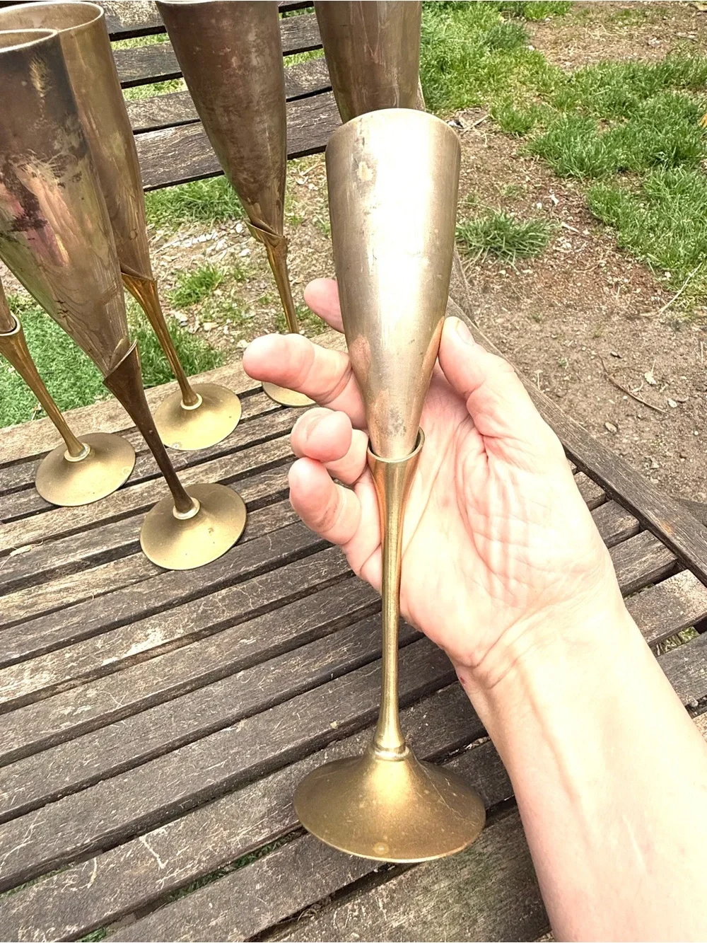 Vintage Six Solid Long Stem Tulip Silver Plate & Brass Champagne Flutes, India